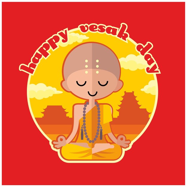 Vector feliz día vesak lindo monje budista ilustración plana