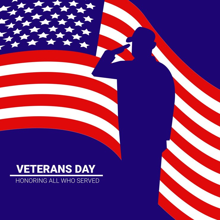 Feliz Día de los Veteranos. Bandera de Estados Unidos y soldados ilustración vectorial