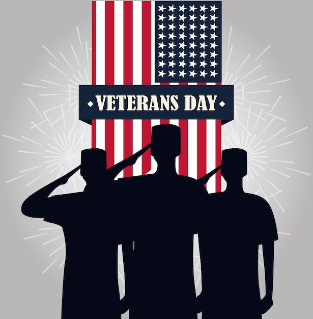 Feliz día de los veteranos, soldados saludando colgante bandera americana ilustración vectorial