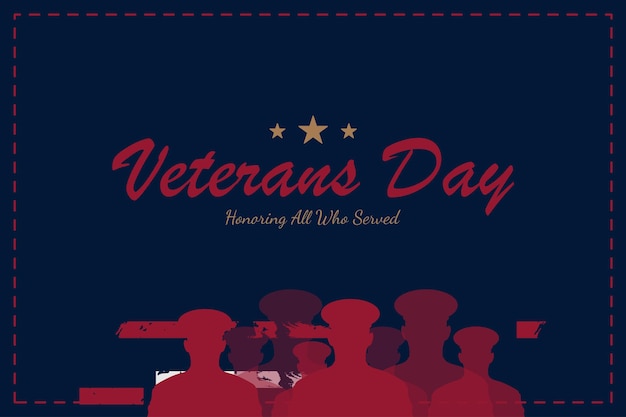 Feliz día de los veteranos. tarjeta de felicitación con la bandera de estados unidos y soldados sobre fondo azul. evento de fiesta nacional estadounidense. ilustración de vector plano eps10.