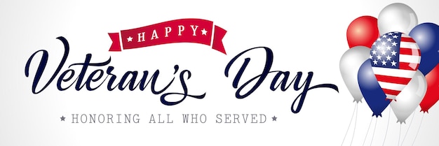 Feliz día de los veteranos usa banner horizontal de internet con globos 3d y texto vintage.