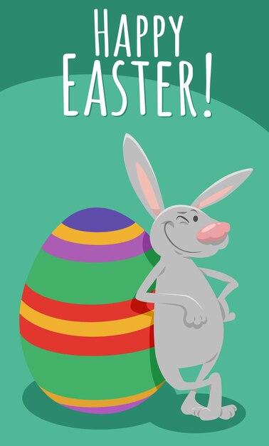 feliz dibujos animados conejo de Pascua con tarjeta de felicitación de huevo pintado