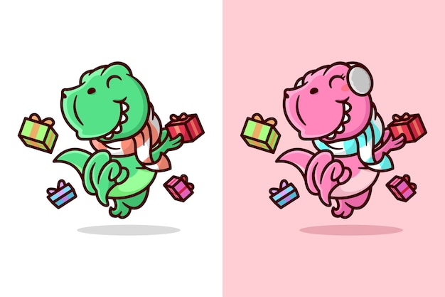 Un feliz dino verde y rosa saltando con regalo de navidad