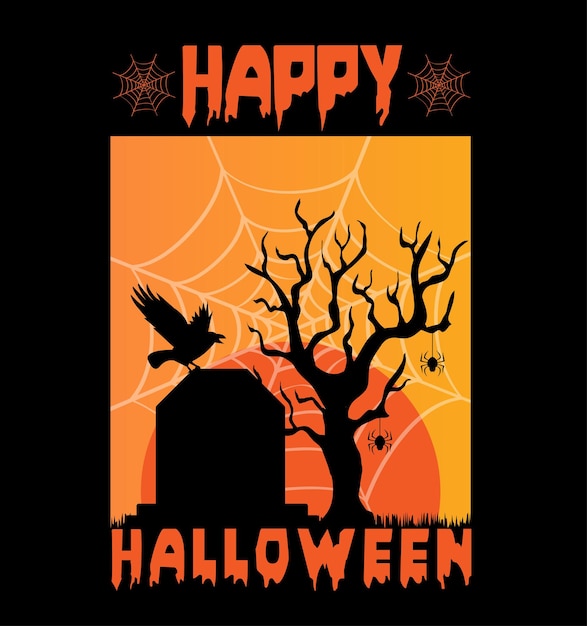 feliz diseño de camiseta de halloween cementerio aterrador con cuervo