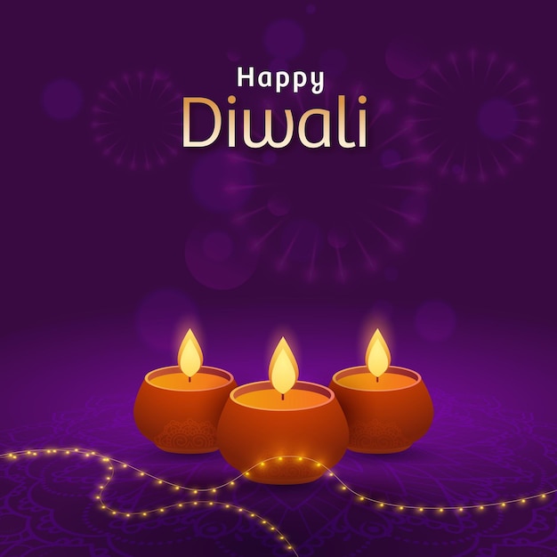 Feliz diseño de carteles de celebración de Diwali con lámparas de aceite encendidas (Diya) y guirnalda de iluminación sobre fondo púrpura de fuegos artificiales.