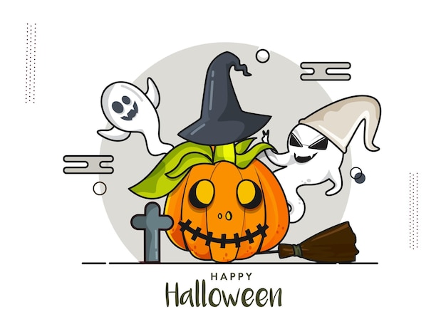 Feliz diseño de carteles de celebración de Halloween con calabaza aterradora con sombrero de bruja y fantasmas alegres sobre fondo blanco.