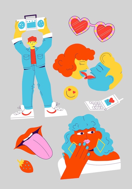 Feliz diseño de carteles del día de San Valentín. Personajes enamorados y artículos de vacaciones. Ilustración plana vectorial.