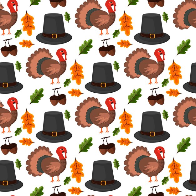 Feliz diseño de celebración de acción de gracias dibujos animados otoño saludo cosecha temporada vacaciones de patrones sin fisuras fondo vector ilustración. Cena de comida tradicional estacional gracias dando cartel.