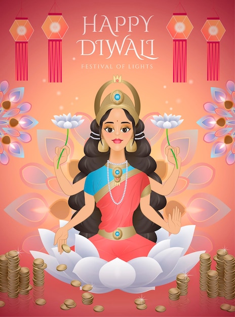 Feliz diseño de Diwali con la diosa Lakshmi sentada en loto y rodeada de dinero y lámparas de aceite