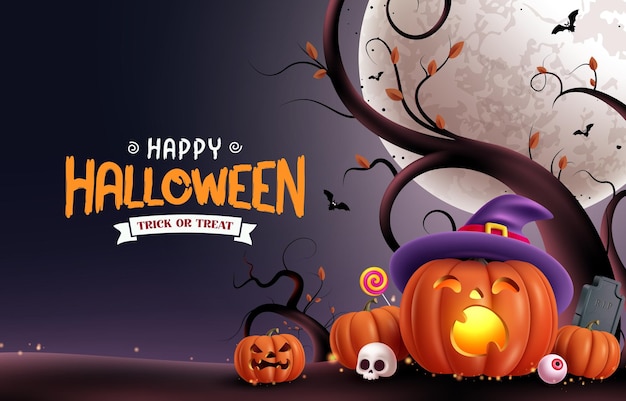 Feliz diseño de fondo de texto vectorial de Halloween truco o regalo de Halloween tarjeta de felicitación con lindo