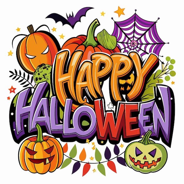 Feliz diseño de Halloween con murciélagos y telarañas de calabazas