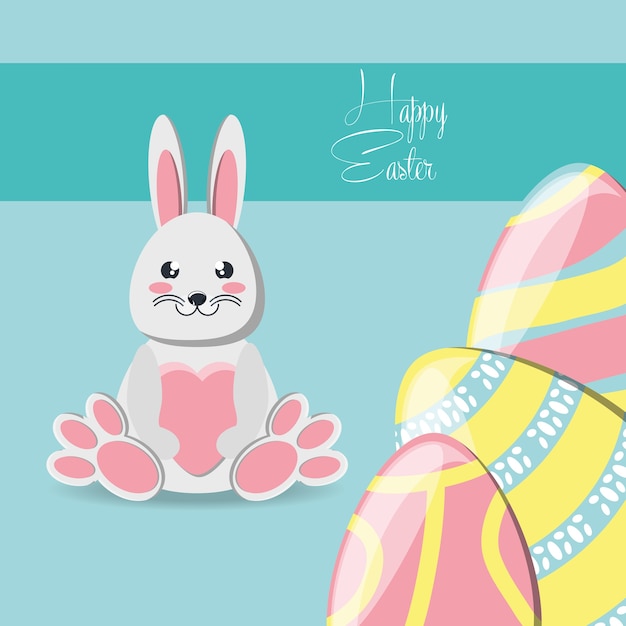 Vector feliz diseño de pascua con conejo y huevos de pascua