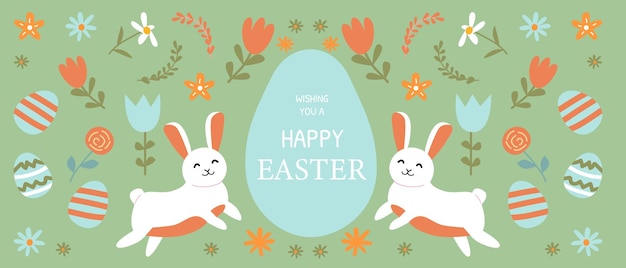 Feliz diseño de Pascua con huevos de conejo y flores en fondo verde