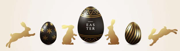 Feliz diseño de Pascua con huevos de Pascua 3D realistas en color negro y dorado y conejitos dibujados a mano