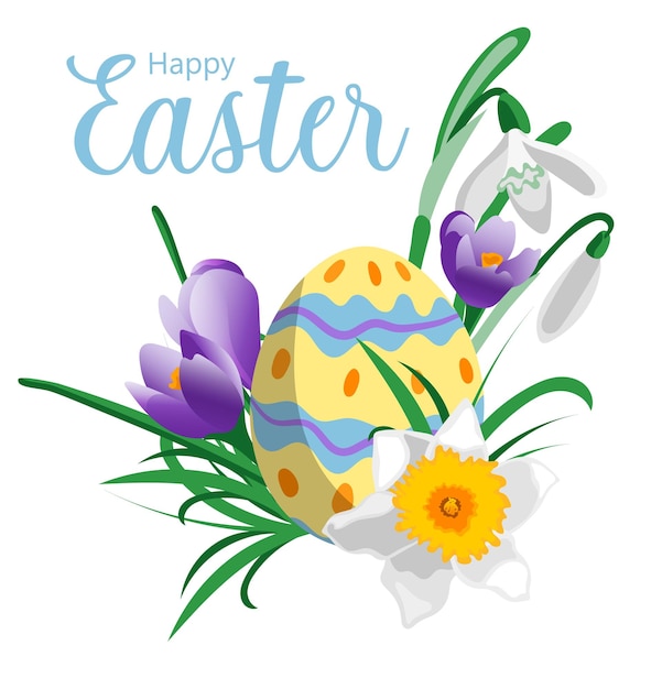 Feliz diseño de tarjeta de Pascua con huevo de Pascua narciso crocus snowdrop flores sobre fondo blanco.