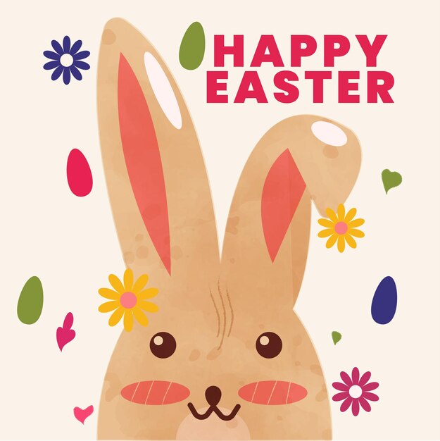 feliz diseño de tarjeta de Pascua con lindo conejito y flores