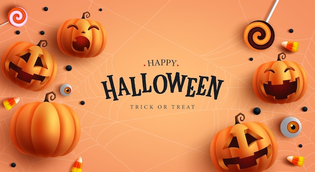 Feliz diseño de vector de texto de halloween Texto de saludo de truco o trato de Halloween con personajes de calabazas