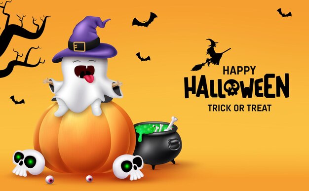 Feliz diseño de vector de texto de halloween Truco o trato de Halloween en tipografía de espacio vacío con fantasma
