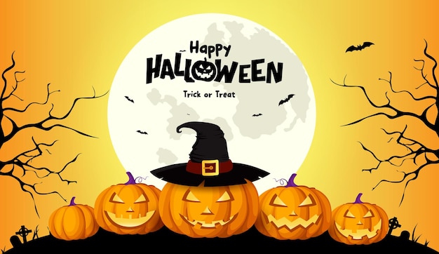 Feliz diseño vectorial de texto de Halloween Truco o regalo de Halloween con personajes de calabaza aterradores en la noche