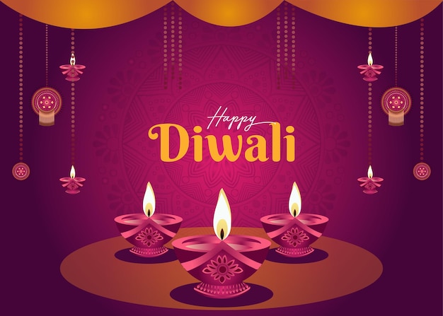 Feliz Diwali Coloroso Festival de Luces saludo con el diseño tradicional de lámpara amp mandala