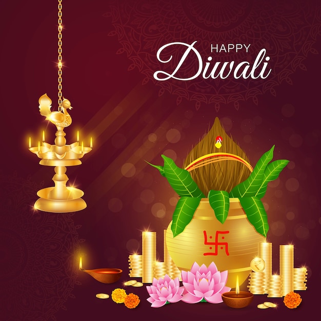 Feliz diwali, dhanteras, monedas de oro, kalash, diosa laxmi puja, riqueza, prosperidad