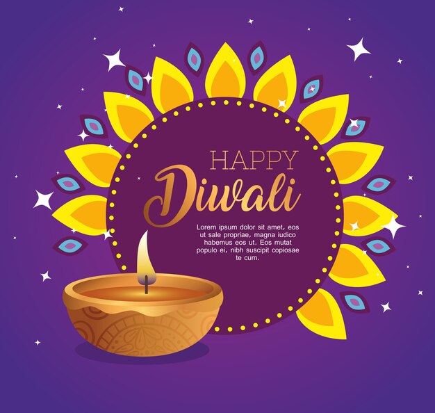 Feliz diwali en flor con diseño de vela diya, tema del Festival de luces