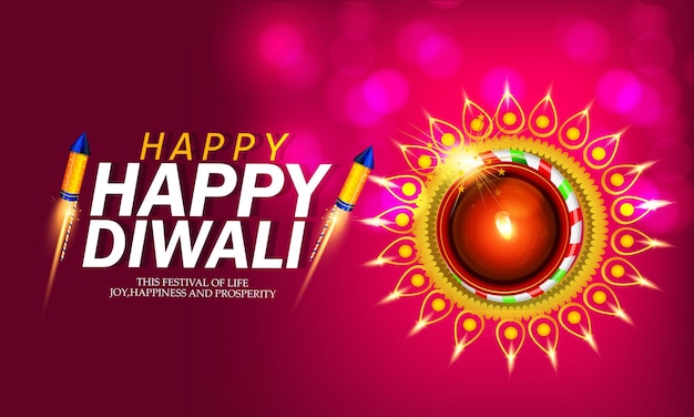 Feliz Diwali con lámpara de aceite realista elegante Diya, tarjeta de regalo, afiche, pancarta, fondo de gran venta