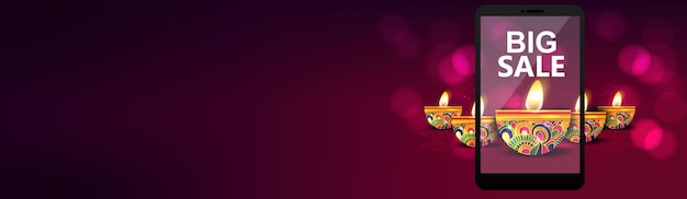 Feliz diwali con lámpara de aceite realista elegante diya, tarjeta de regalo, afiche, pancarta, fondo de gran venta