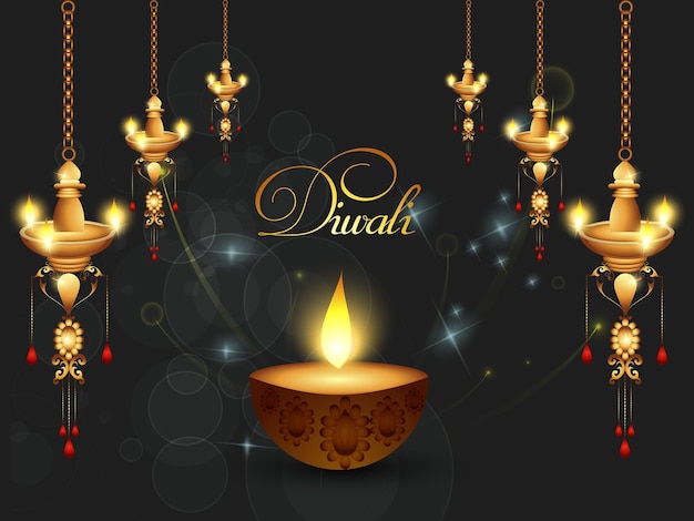 Vector feliz diwali con lámpara de aceite realista elegante diya, tarjeta de regalo, afiche, pancarta, fondo de gran venta