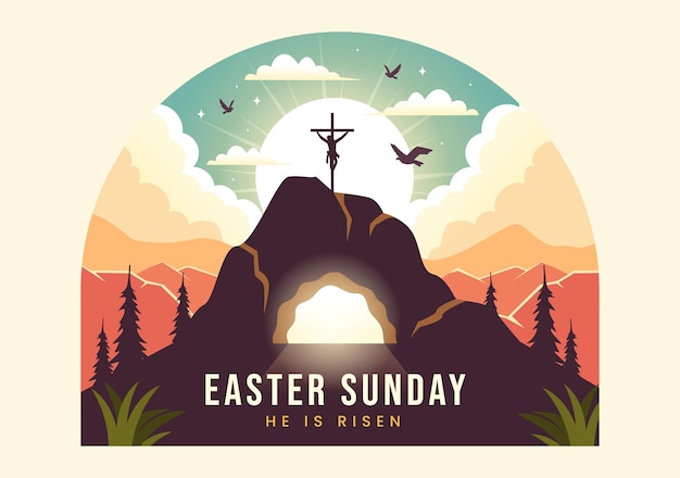 Vector feliz domingo de pascua ilustración de él es resucitado y celebración de la resurrección con cueva y cruz