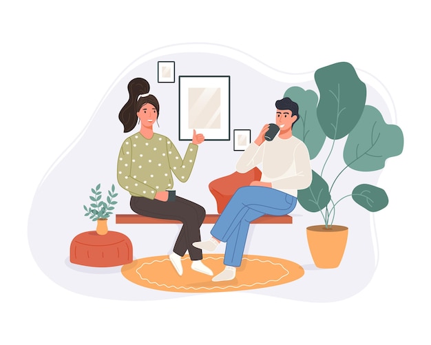 Feliz dos mujeres sentadas en el sofá tomando café y hablando en casa. Carácter sonriente pasar tiempo juntos.
