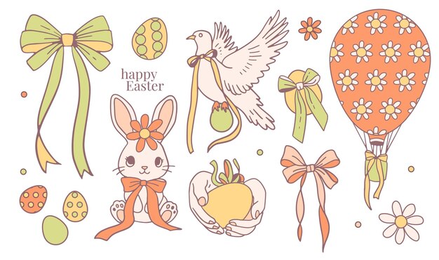 Feliz Easter coquette elementos conjunto doodle dibujado a mano conejo paloma globo en forma de huevo con satén lindo