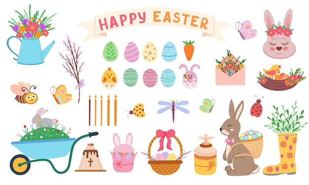 Feliz easter set huevos de conejo y flores ilustración dibujada a mano