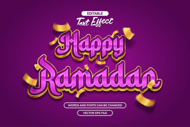 Feliz efecto de texto editable de Ramadán con decoración de confeti y fondo púrpura