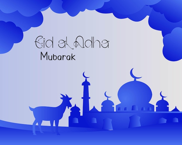 feliz eid al adha saludo fondo gris azul banner de redes sociales islámicas con icono de cabra