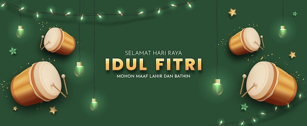 Feliz Eid al Fitr Eid Mubarak Diseño con tambor indonesio Bedug realista en 3D