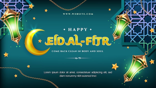 Feliz Eid al fitr realista con linterna media luna patrón geométrico adecuado para tarjeta de felicitación