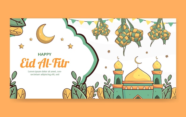 Feliz Eid Al Fitr saludando con Ketupat y la mezquita