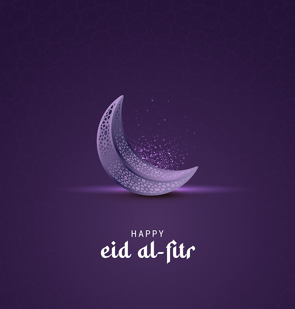 Feliz Eid al Fitr saludos con una luna creciente y fondo púrpura Eid Mubarak anuncios creativos