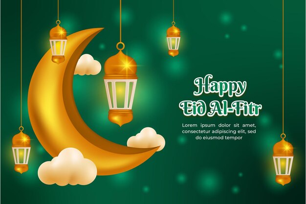 Feliz eid alfitr fondo verde con luna creciente y linterna