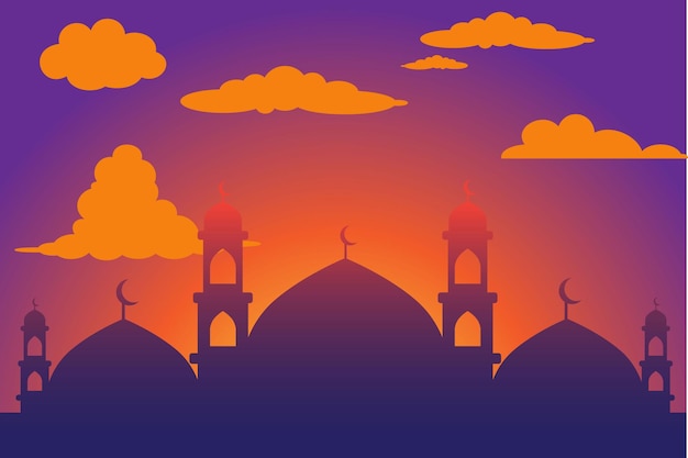 Feliz Eid AlFitr Letrado o logotipo de caligrafía con adornos islámicos Mezquita Camello Vectoe