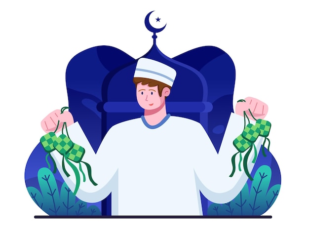 Feliz Eid alFitr con una persona musulmana sosteniendo ketupat comida tradicional de Eid Mubarak