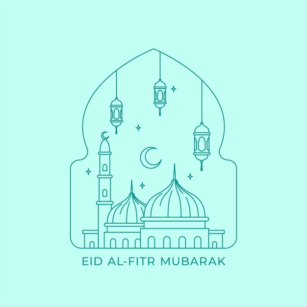 Feliz eid fitr mubarak diseño de cartel monoline simple y limpio con gran ilustración de mezquita y linterna