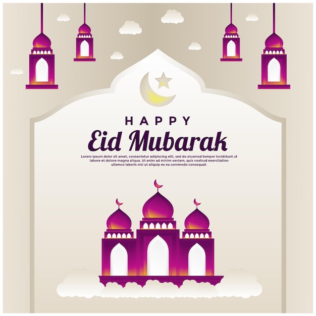 Feliz eid mubarak banner con fondo de mezquita