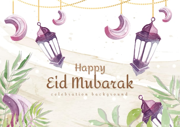Feliz eid mubarak con concepto de linterna y hoja de acuarela