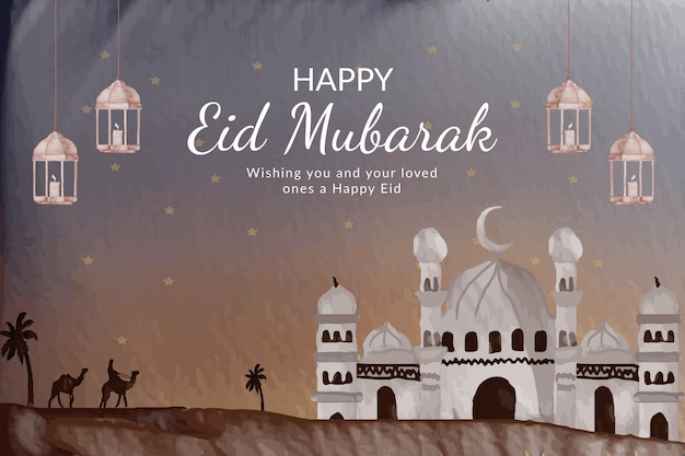 Feliz eid mubarak con fondo de acuarela floral de mezquita árabe Vector Premium