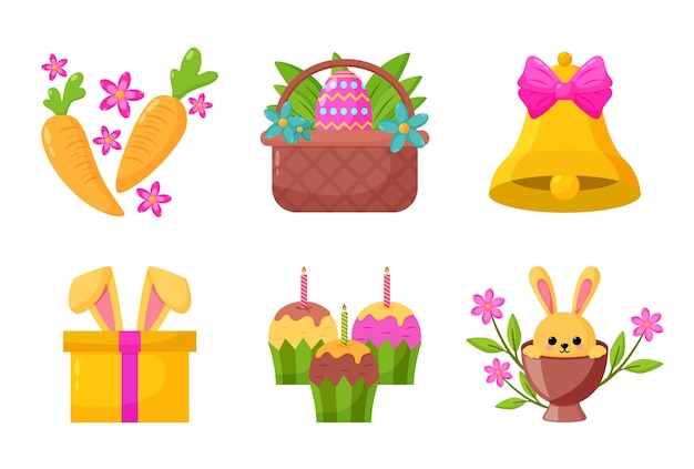 Feliz elemento de diseño de Pascua con caja de regalo de campana de cesta de zanahoria a la luz de las velas y lindo conejito