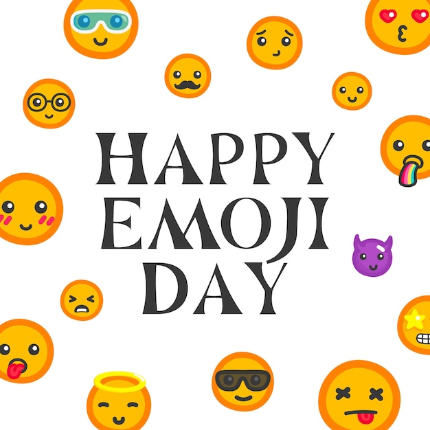 Feliz emoji día texto y lindo emoji cara kawaii doodle plano vector ilustración