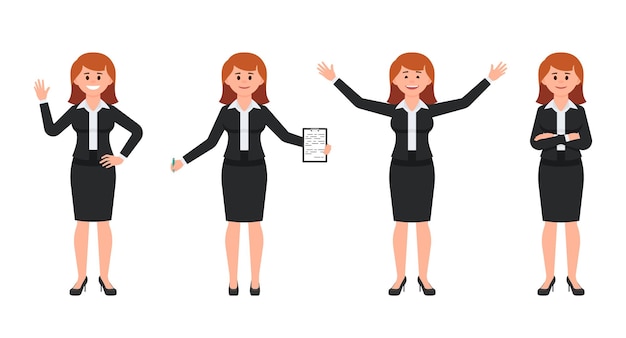 Feliz empresaria en personaje de dibujos animados de traje negro