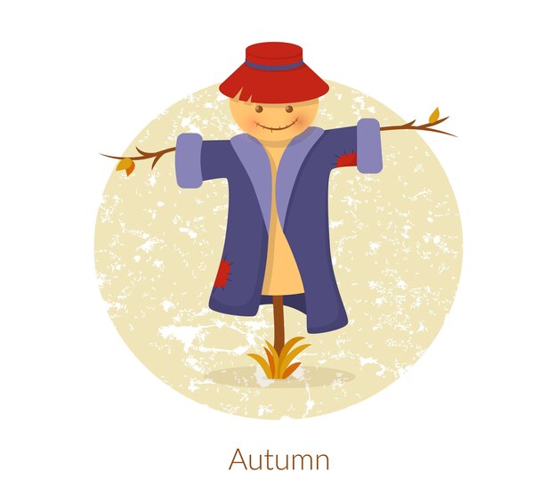 Feliz espantapájaros sonriente sobre un fondo claro tiempo de cosecha otoño tarjeta de felicitación vector